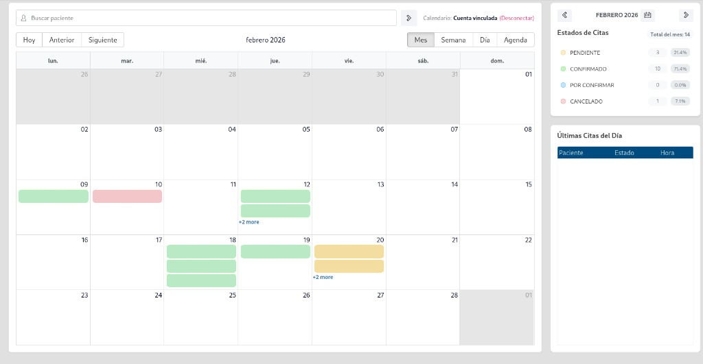 Vista del calendario mensual de Orbifact con citas y estados