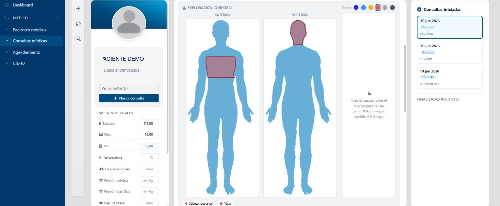 Sistema médico Orbifact con exploración corporal, signos vitales y consultas