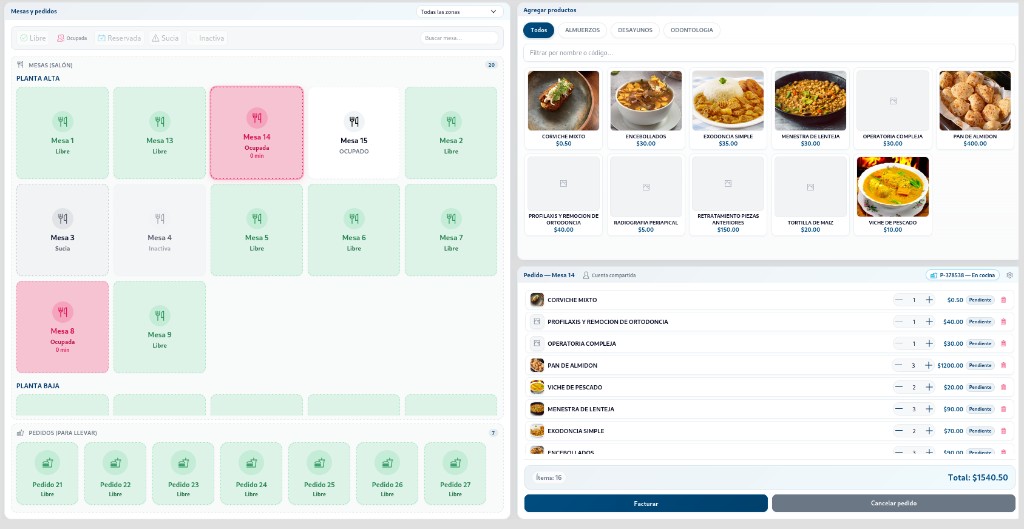 Módulo Orbifact para gestión de mesas, productos y pedidos de restaurante